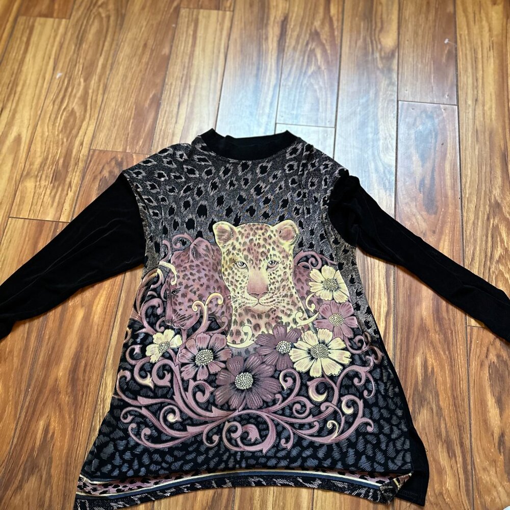 Vintage 80s 90s Gianni Nicole Black and purple leopard floral animal print top